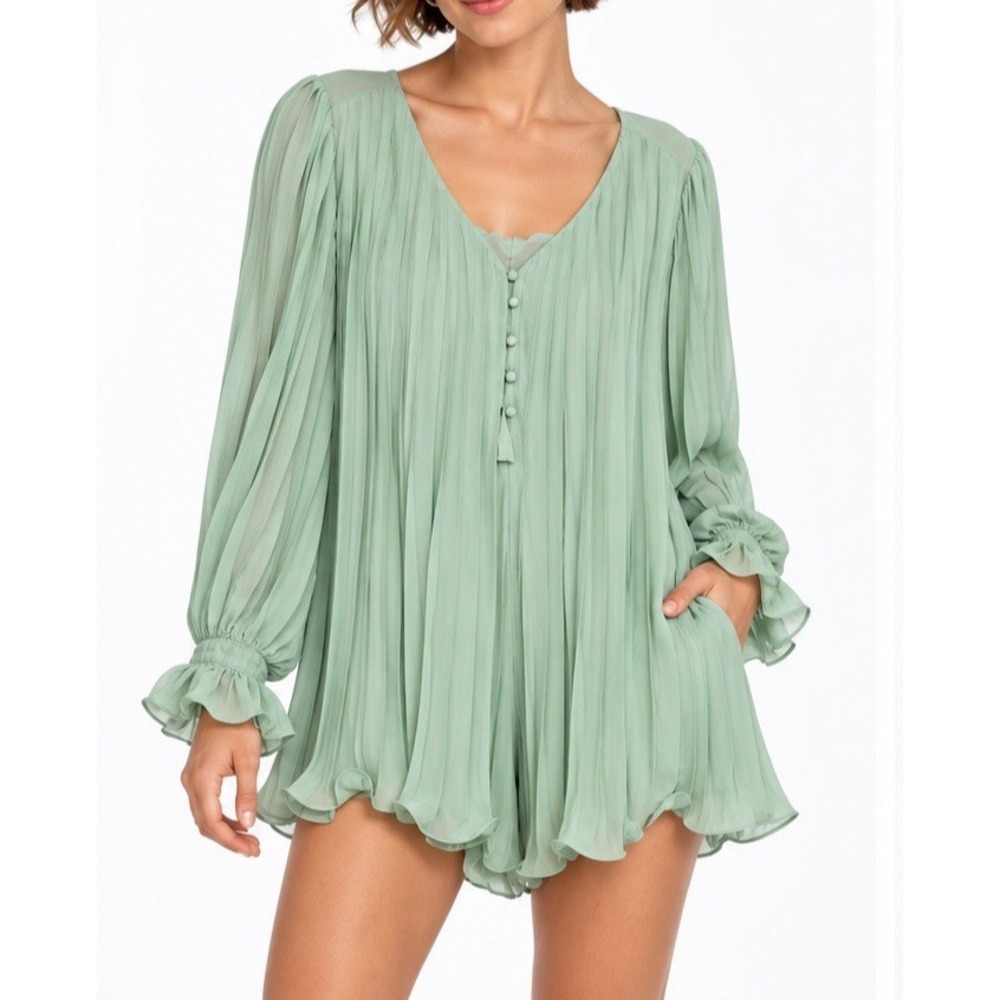 Women Long Sleeve V Neck Mint Green Casual Romper Jumpsuit Playsuit